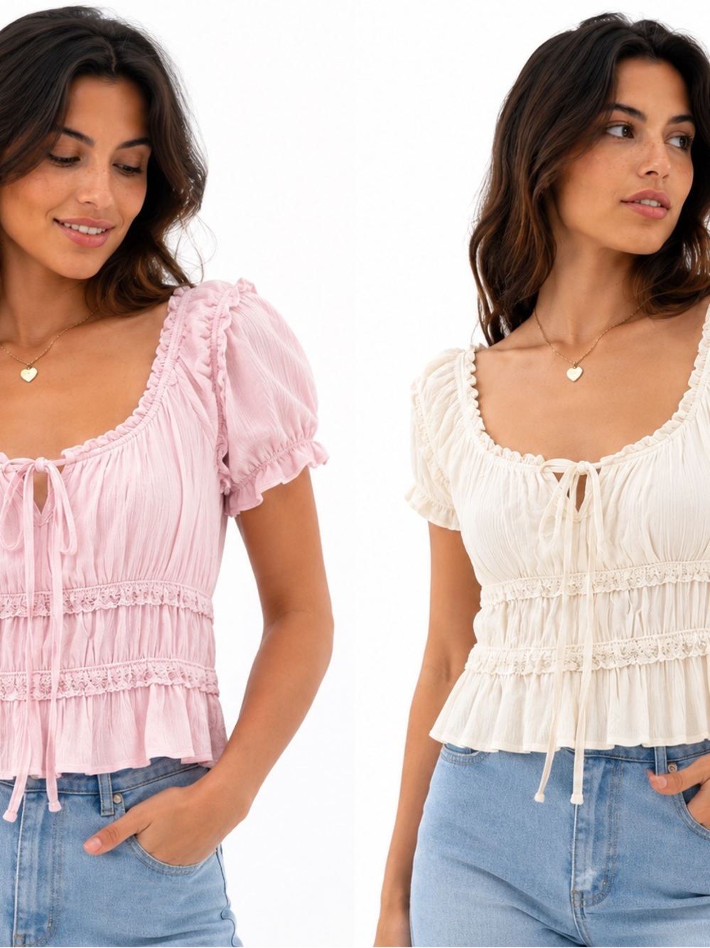 No Boundaries Pink & Cream Smocked Ruffle Crop Top